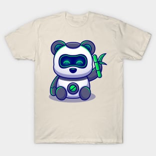 Cute Panda Robot Holding Bamboo Cartoon T-Shirt